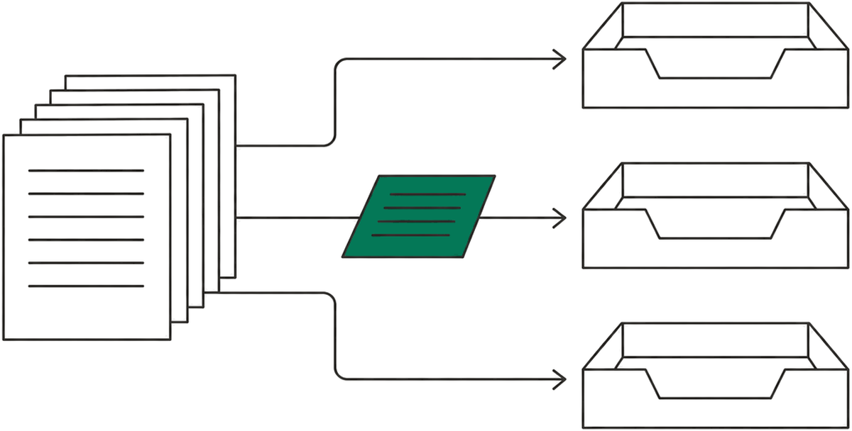 Dibujo de línea de una pila de documentos que se reparten en tres bandejas; uno de ellos, en verde.